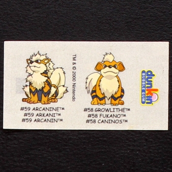 Growlithe-Arcanine Pokemon 2000 No. 58-59 dunkin Bubble Gum Sticker