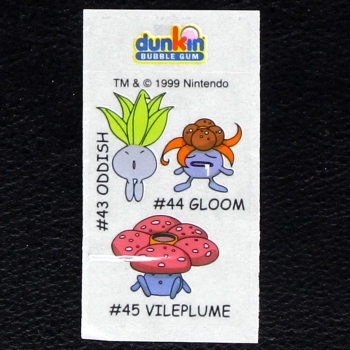 Oddish-Gloom-Vileplume Pokemon 1999 No. 43-44-45 dunkin Bubble Gum Sticker