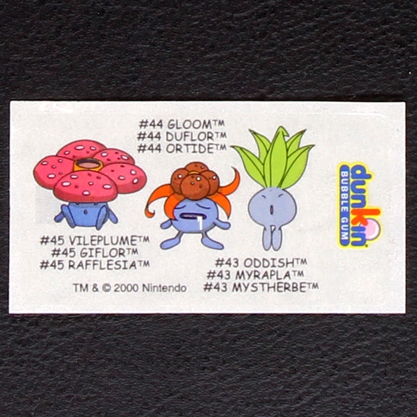 Oddish-Sloom- Vileplume Pokemon 2000 No. 43-44-45 dunkin Bubble Gum Sticker