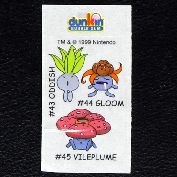 Oddish-Gloom-Vileplume Pokemon 1999 No. 43-44-45 dunkin Bubble Gum Sticker