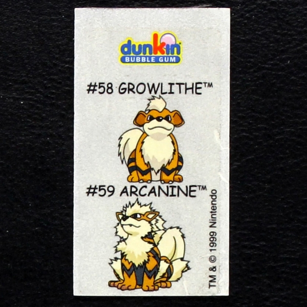 Growlithe- Arcanine Pokemon 1999 No. 58-59 dunkin Bubble Gum Sticker